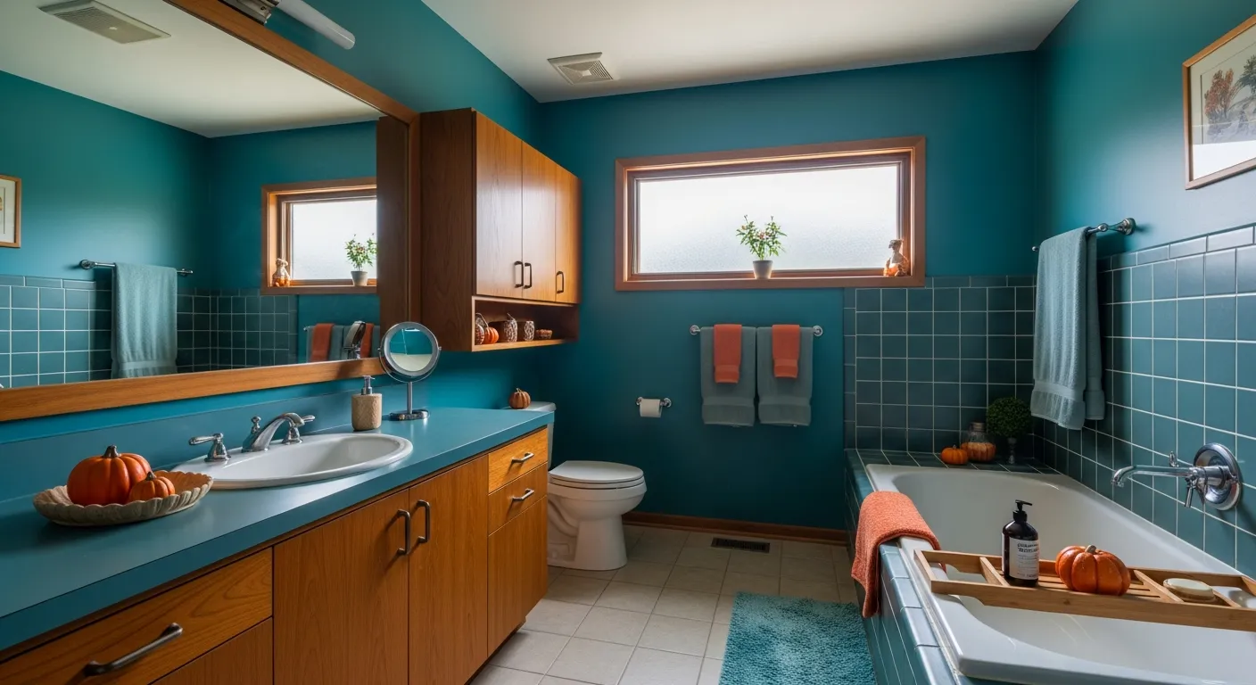 Mid-century modern bathroom featuring vibrant teal wall tiles, warm wood vanity, and a cozy fall aesthetic