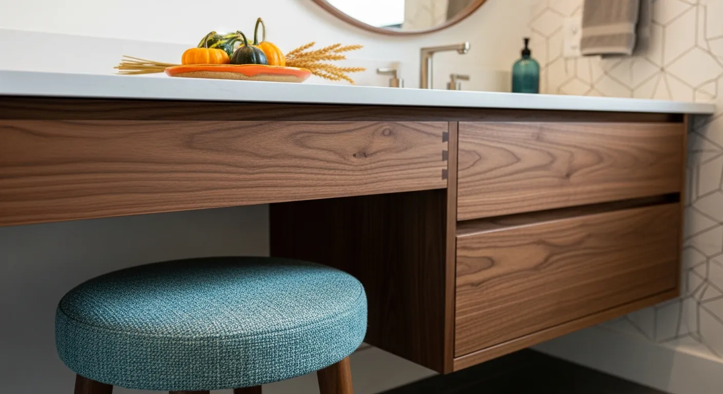 Teal vanity showcasing essential mid-century modern bathroom ideas with brass fixtures and retro geometric tiles