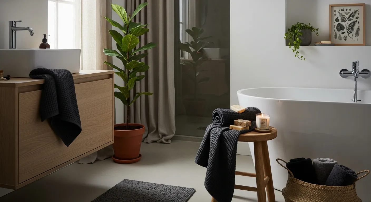 Styling decor in a minimalist black Scandi bathroom with warm ambient lighting