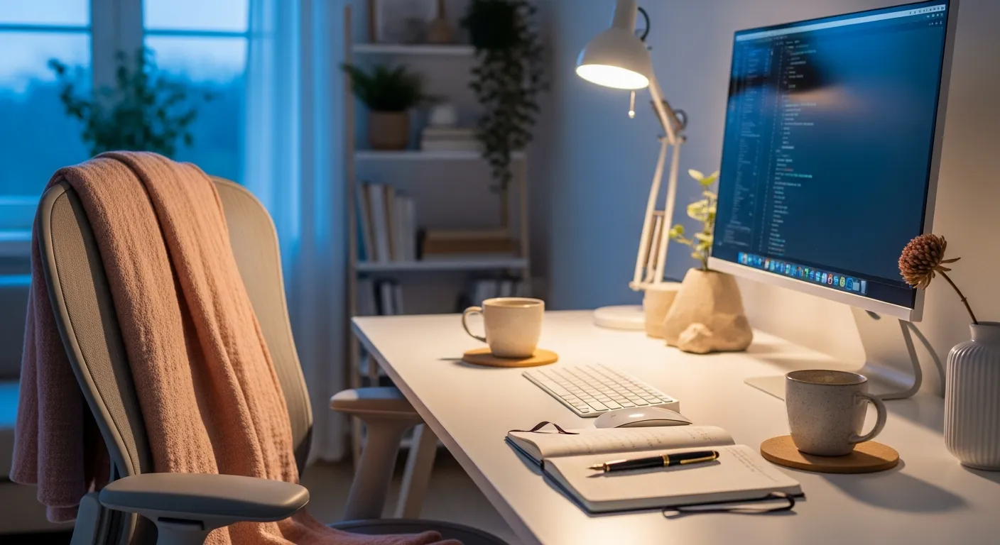 Minimalist blush workspace setup with a modern neutral chair and soft desk lighting