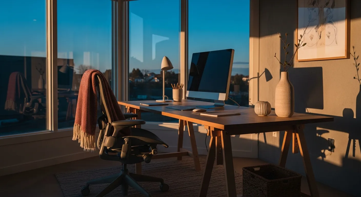 Calming focused workspace demonstrating minimalist home office ideas with a sleek white desk
