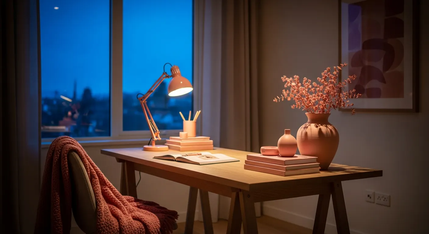 Minimalist home office color palette featuring blush pink walls and neutral desk accessories