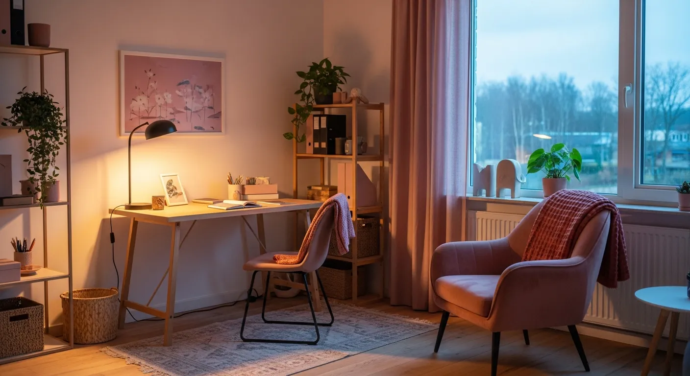 Minimalist blush home office styling featuring soft natural lighting and a clean workspace