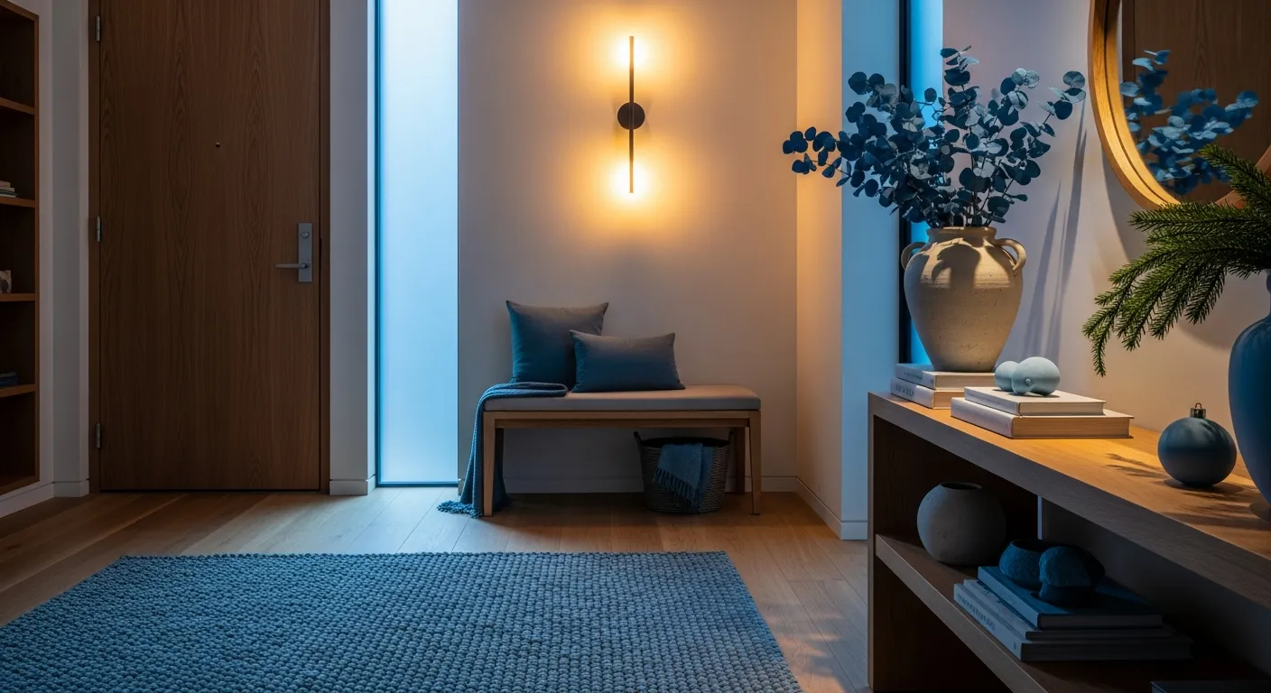 Soft dusty blue wall and warm ambient lighting for calming entryway styling