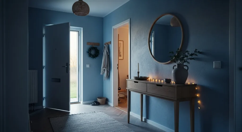 A minimalist entryway featuring a dusty blue console table, sleek mirror, and simple decor.