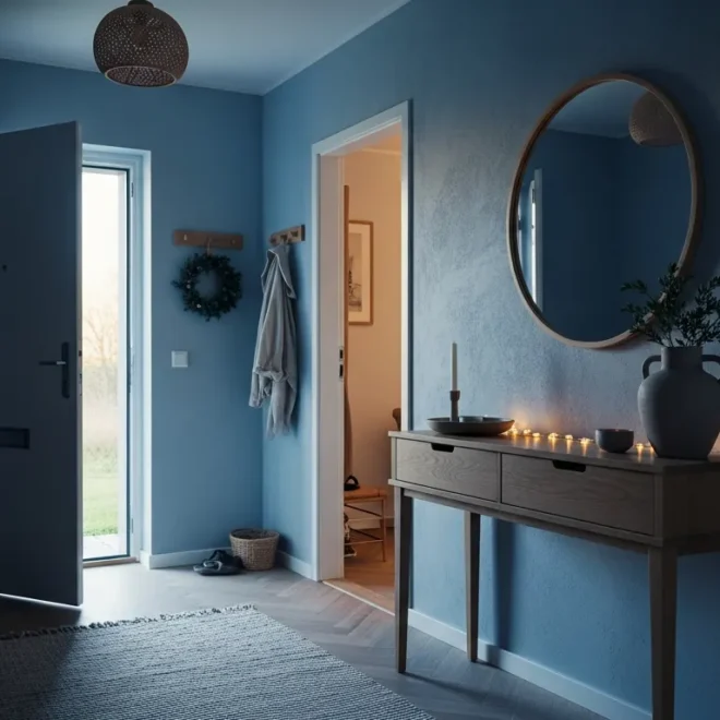 A minimalist entryway featuring a dusty blue console table, sleek mirror, and simple decor.