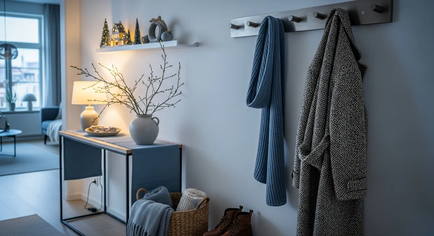 Sleek uncluttered entryway table ideas with subtle dusty blue Christmas aesthetic