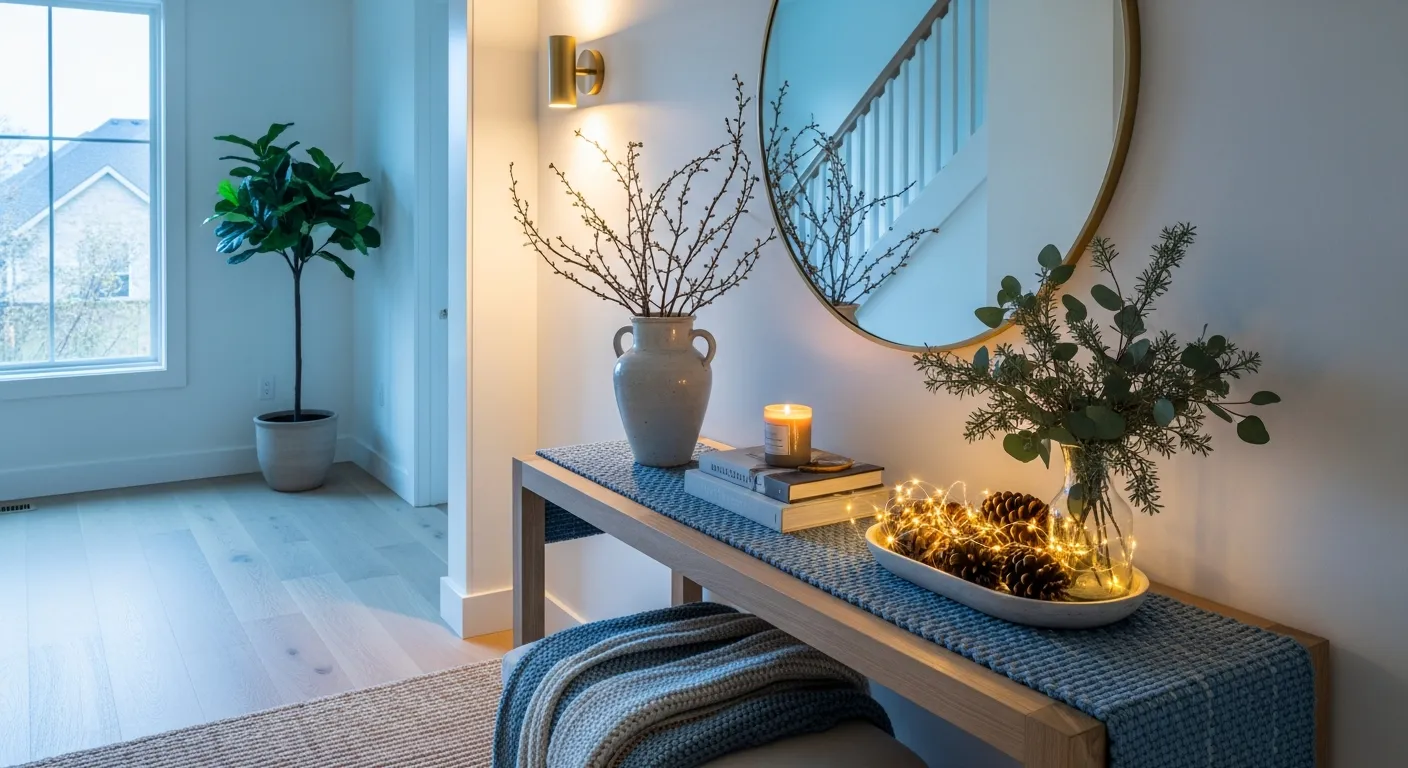 Clutter-free welcoming foyer with dusty blue accents and clean modern lines