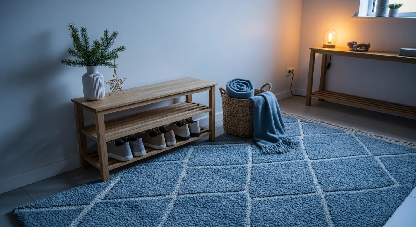Sleek wooden console against a soothing dusty blue painted entryway wall