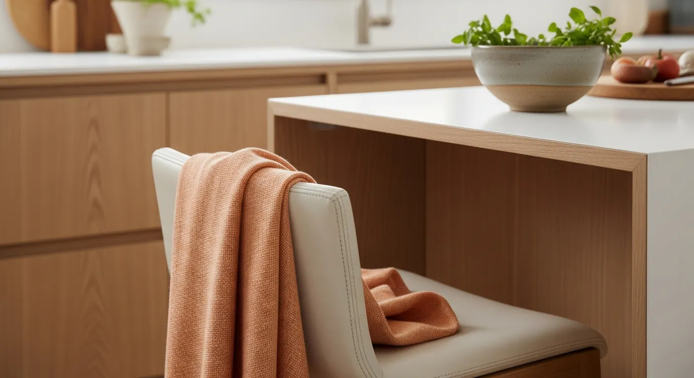 Minimalist Japandi kitchen featuring light oak cabinets and warm peach walls.