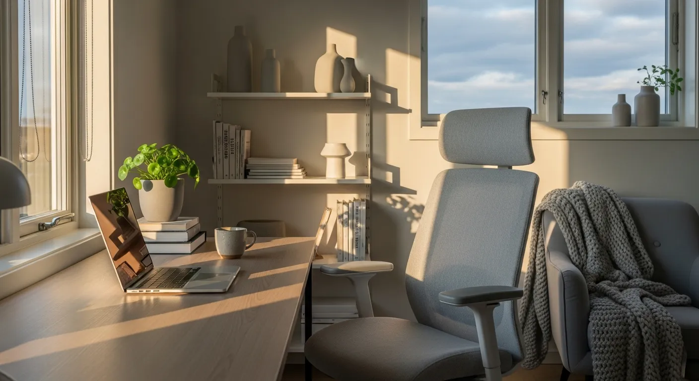 Crisp light gray walls and natural wood accents for deep focus in a Scandinavian workspace.