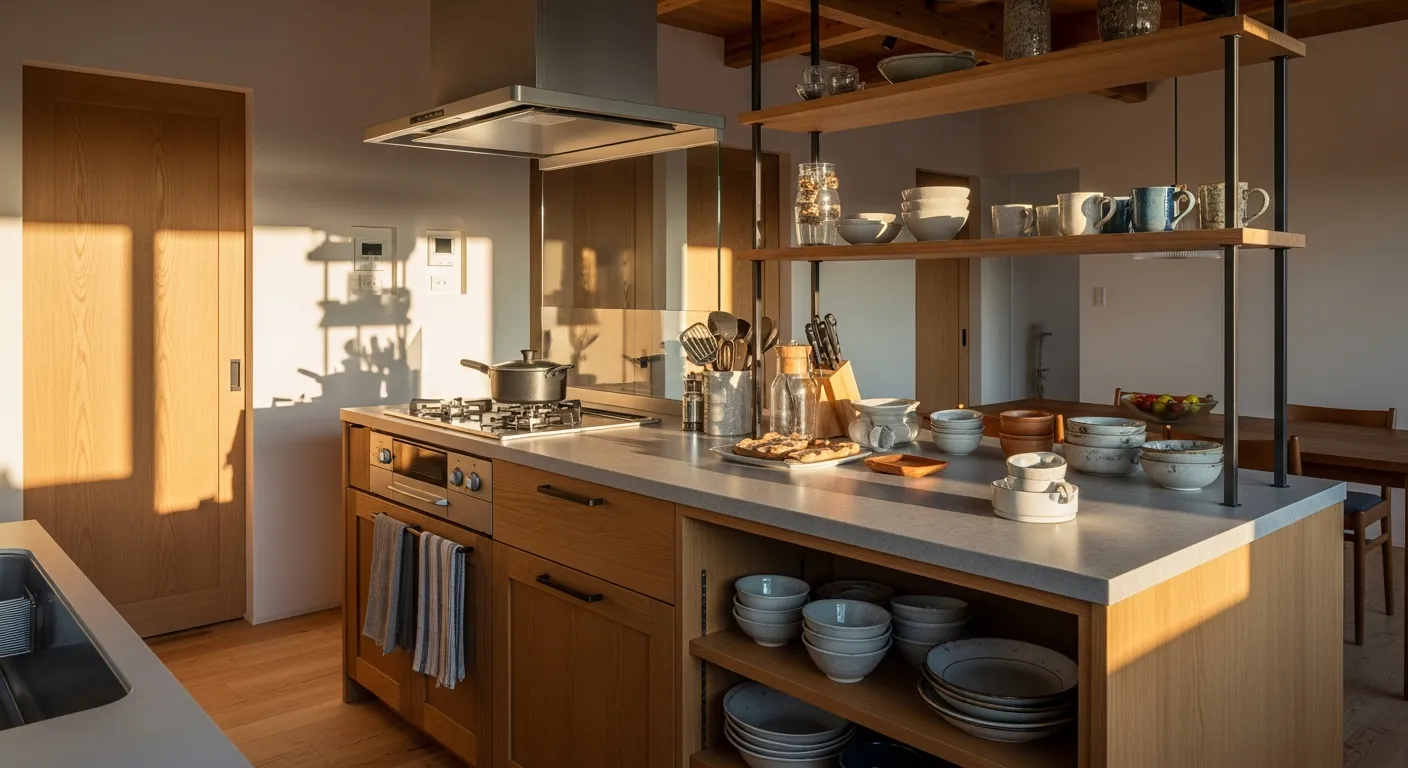 Step by step execution of a minimalist Japandi kitchen featuring sleek silver appliances and light wood cabinets.