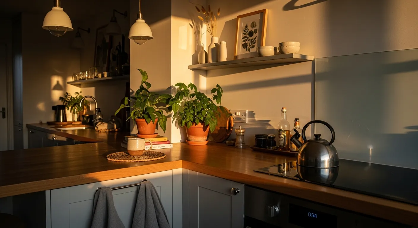 Minimalist styling tips for a Japandi style kitchen featuring sleek silver accents, warm wood, and negative space.
