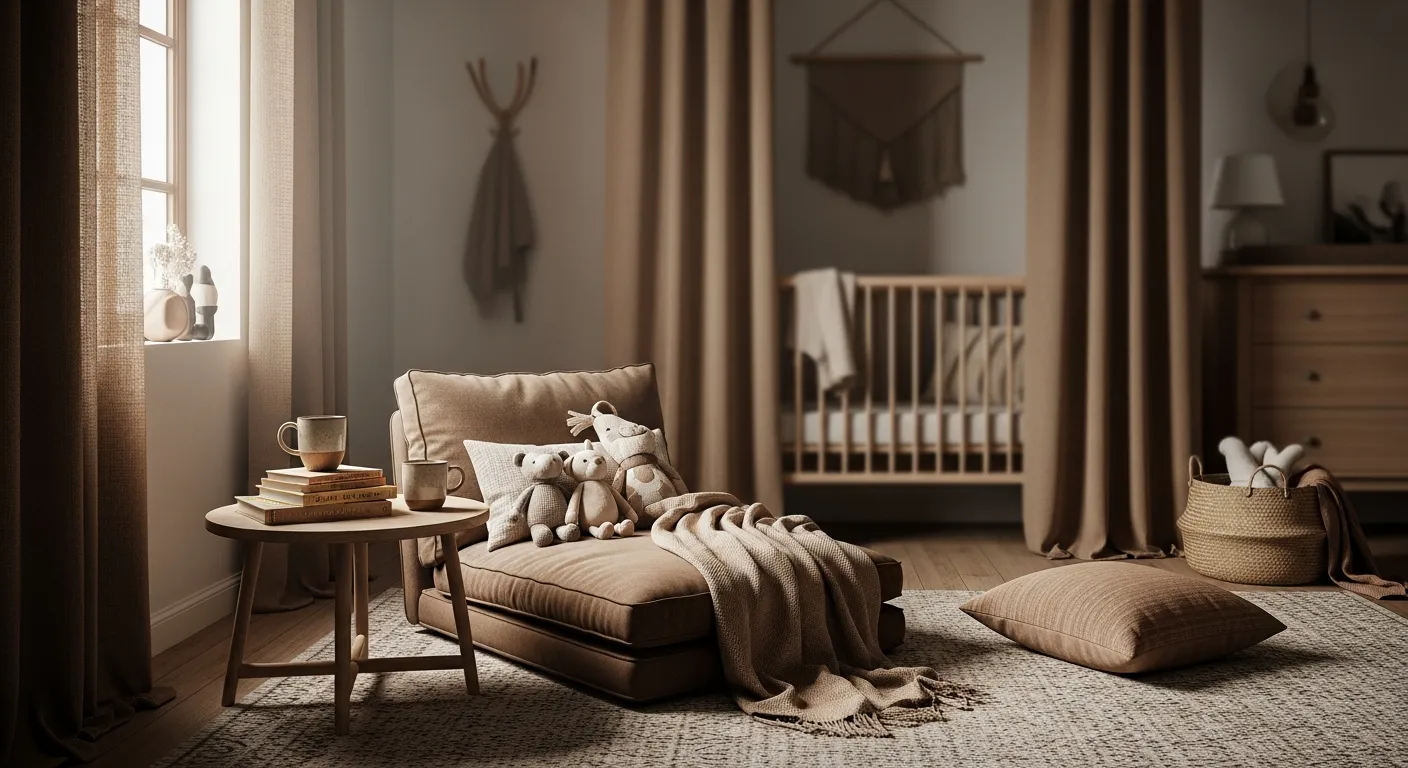 Minimalist wood crib and soothing mocha tones in a baby nursery