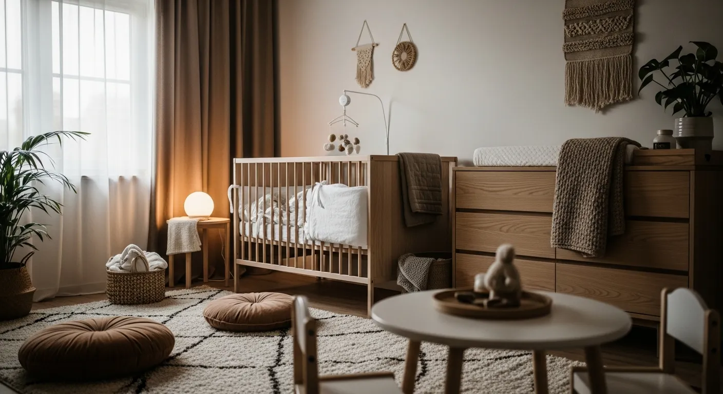 Completed Japandi sanctuary with warm mocha walls and light wood furniture