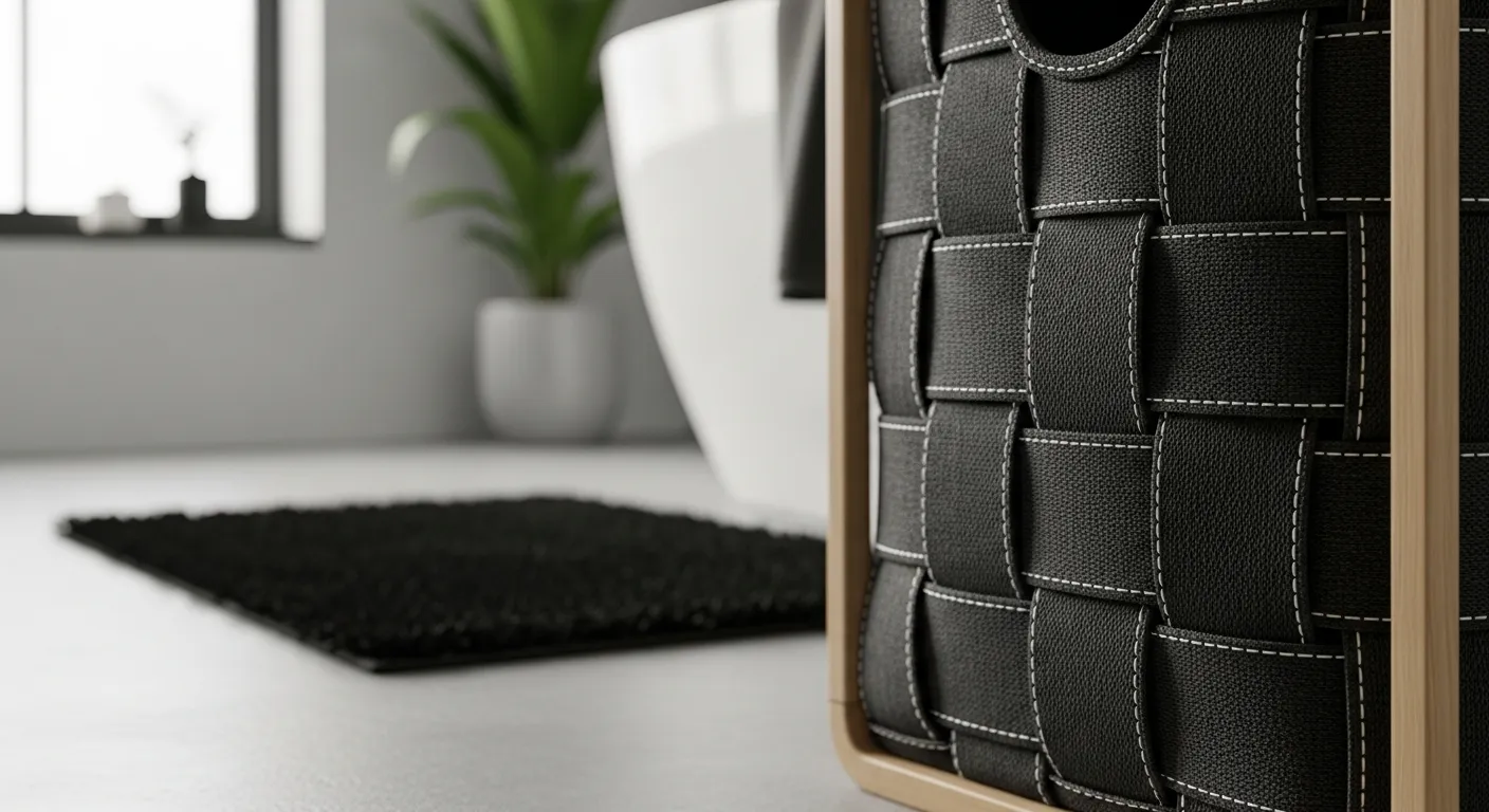 Essential furniture for Scandi bathroom ideas including a floating wood vanity and dark accents