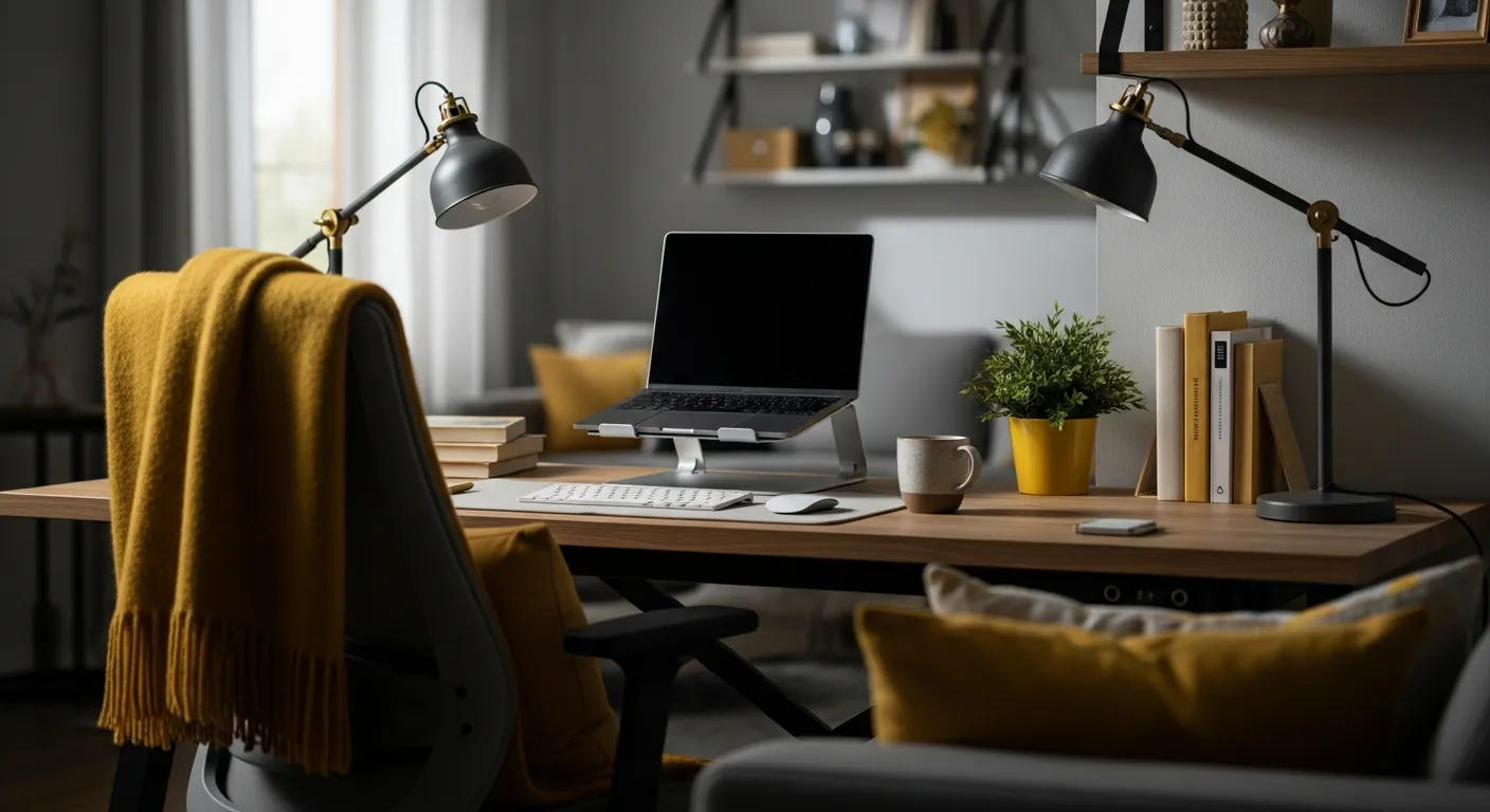 Butter yellow accent wall in a modern home office with sleek everyday workspace decor