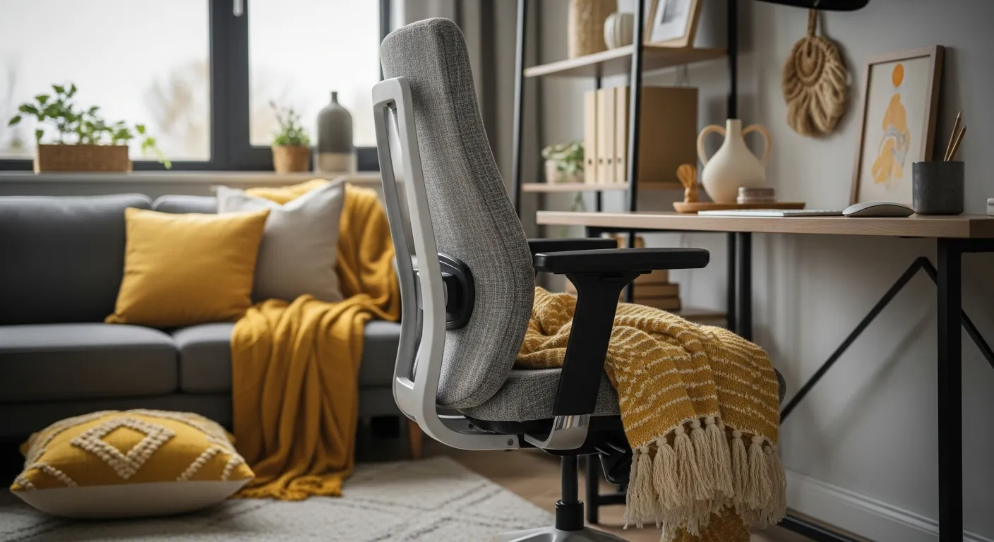 Clean modern lines and sleek furniture balanced by soft butter yellow walls in a home office
