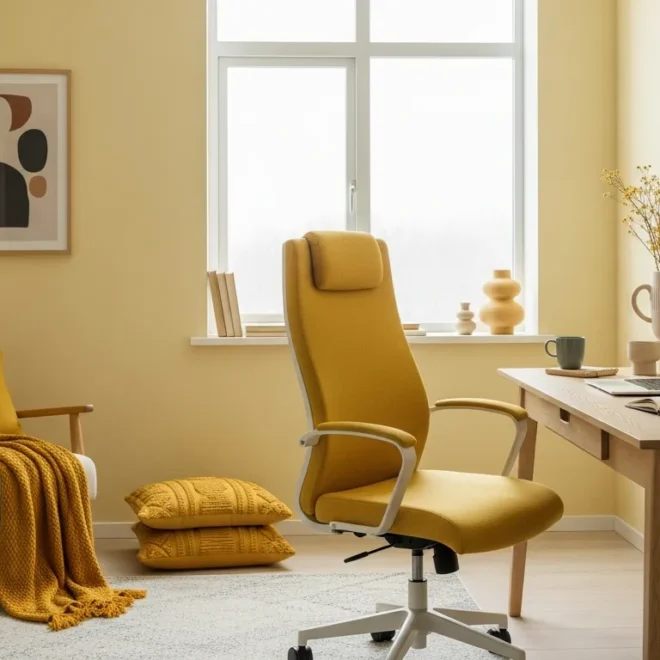 Modern butter yellow home office workspace featuring a sleek desk and bright natural light