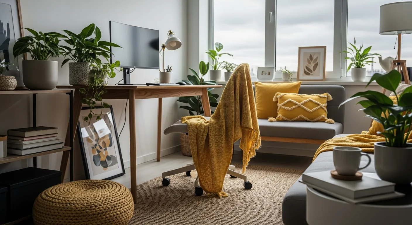 Styling tips for a modern home office with butter yellow paint and minimalist desk decor