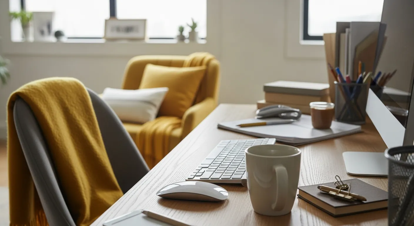 Cheerful modern home office workspace featuring butter yellow walls and natural lighting for focus