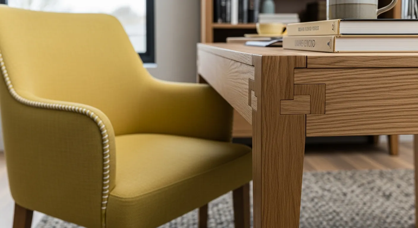 Modern home office furniture setup with soft butter yellow walls and a sleek contemporary desk