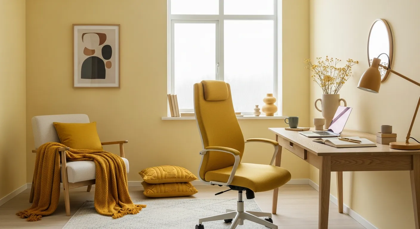 Modern home office ideas featuring butter yellow walls, sleek minimalist desk, and abundant natural light for a productive workspace