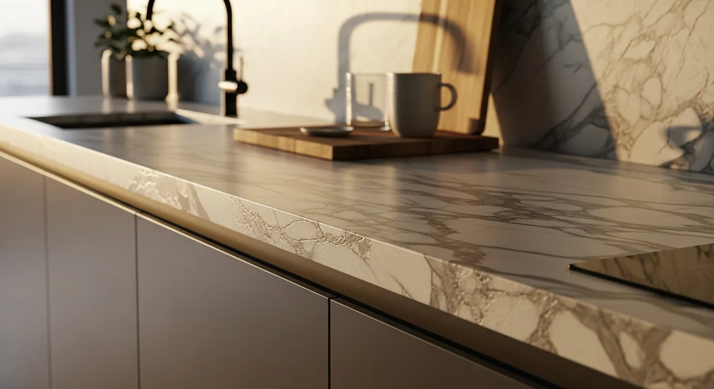 Beautiful interior design details of a modern Japandi kitchen showing wood grain and silver metallic accents.