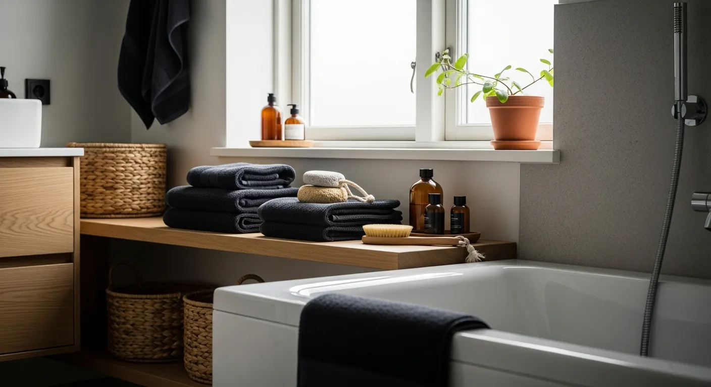 Modern black and wood interior design elements for a cozy Nordic bathroom