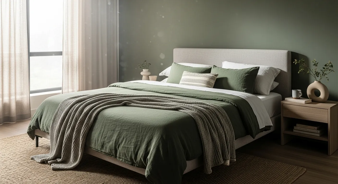 Moss green bedroom accent wall balancing sleek lines for modern interior decor