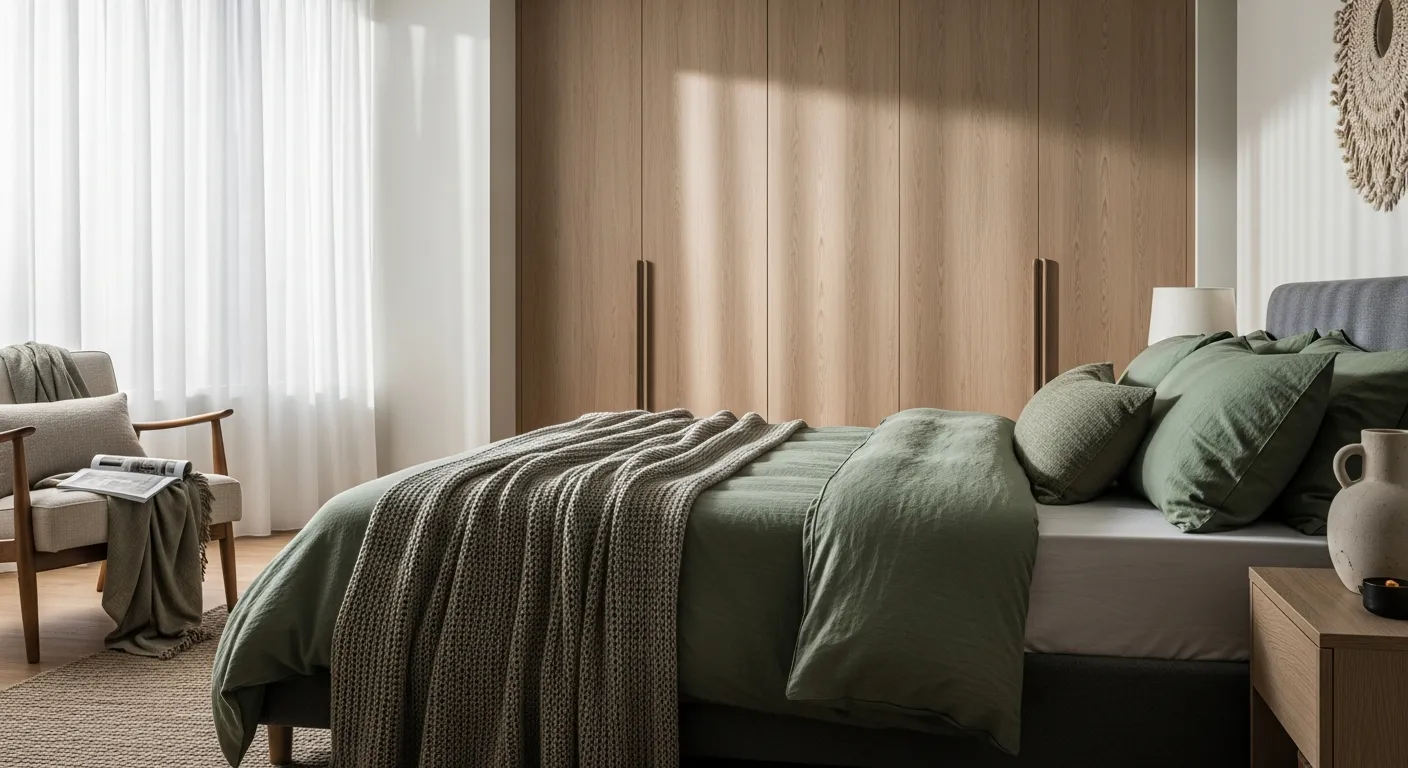 Deep moss green accents grounding contemporary bedroom designs with natural light