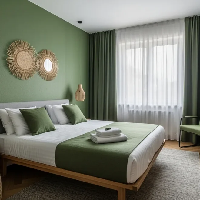 Modern bedroom featuring a moss green accent wall and a sleek minimalist bed.