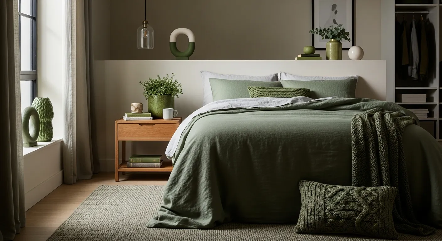 Cozy bedding and natural light highlighting bedroom color palettes with moss green