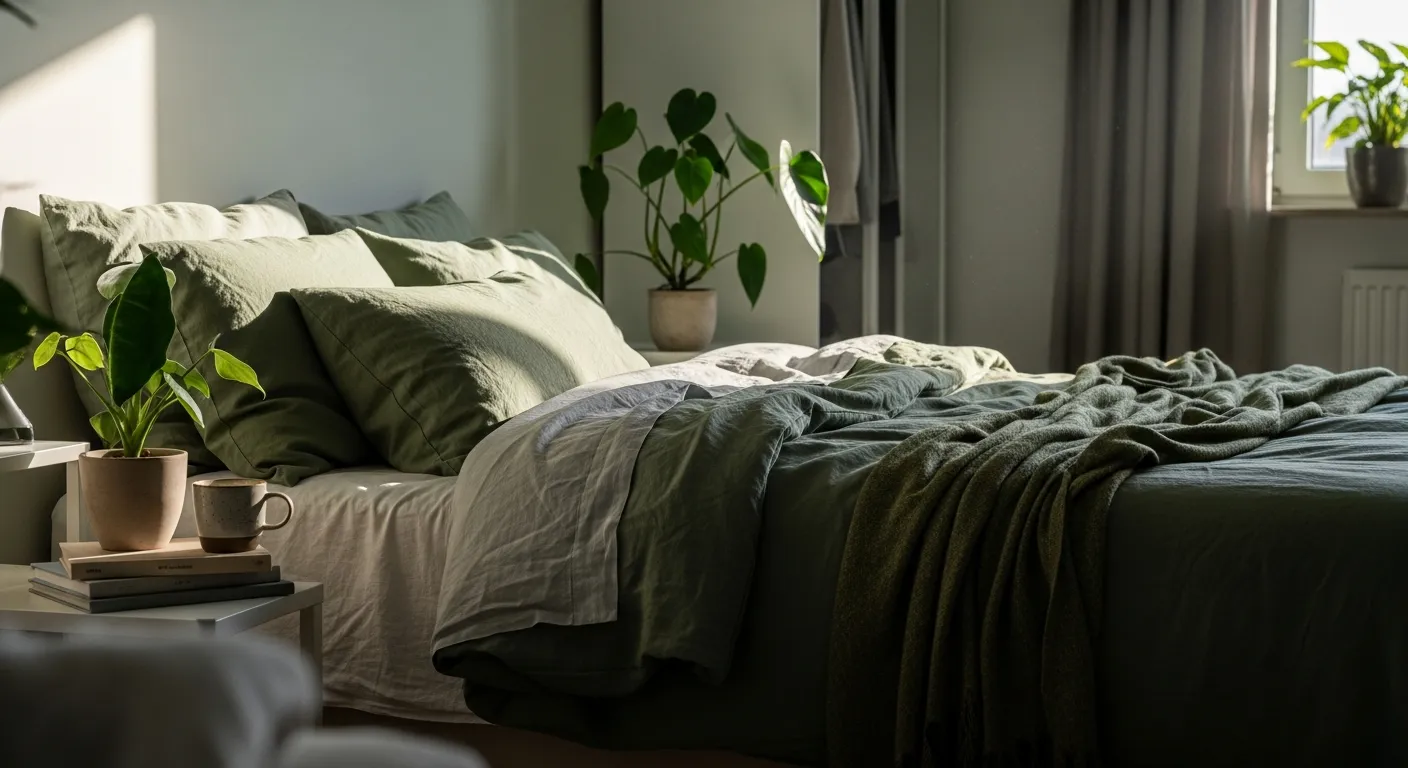 Interior inspiration showcasing sleek contemporary furniture and cozy textiles in moss green