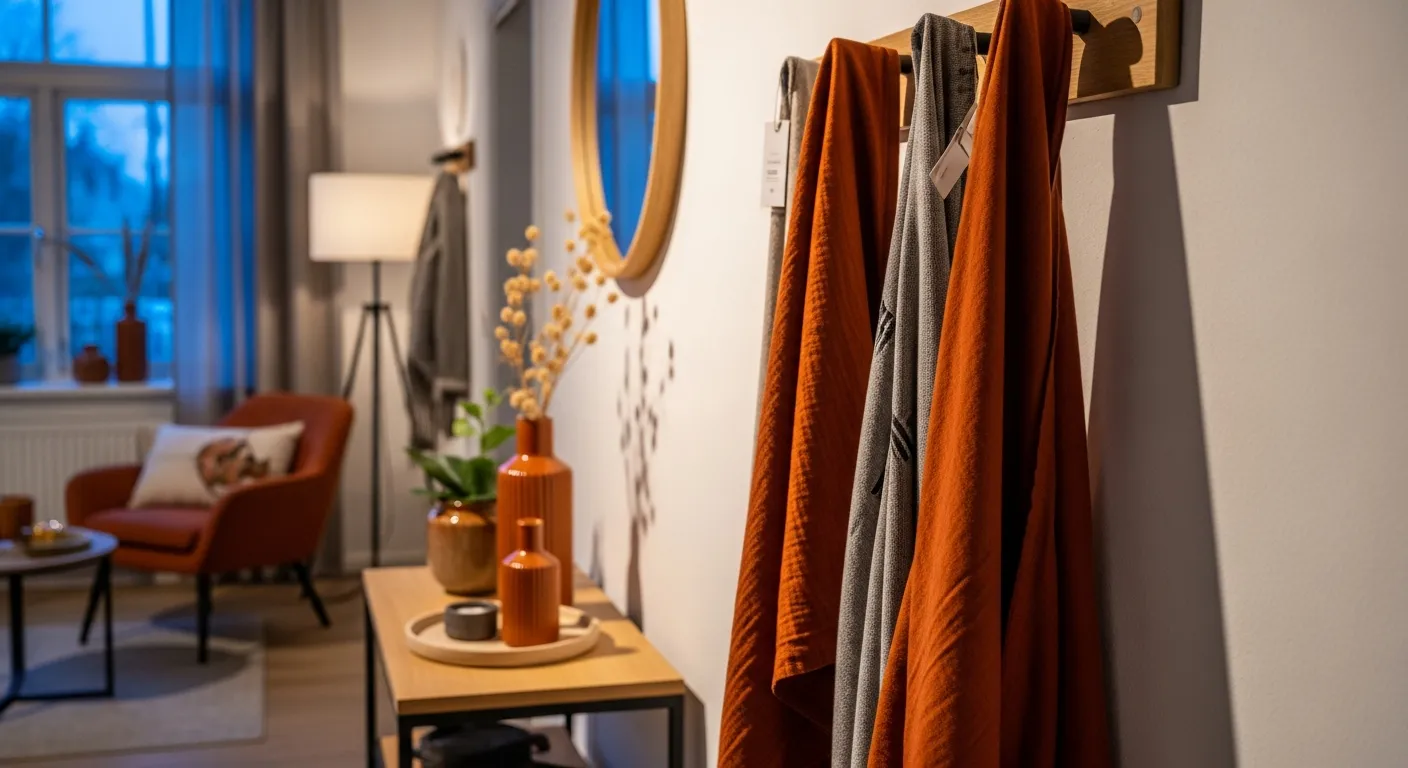 Round mirror and rust textured rug under a sleek console table in a modern home entrance.