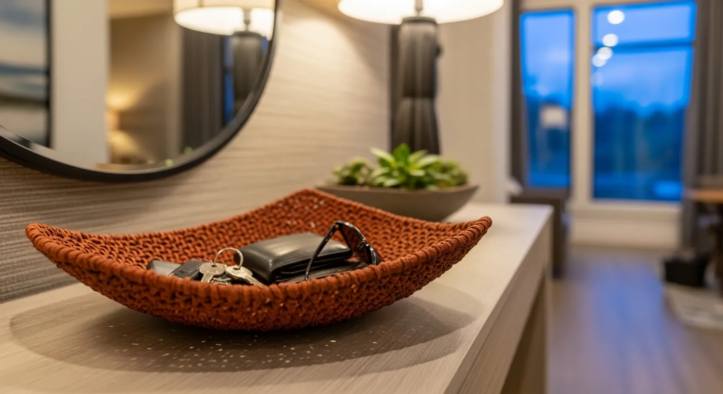 Warm lighting and terracotta rust details in a beautifully styled modern entryway design.