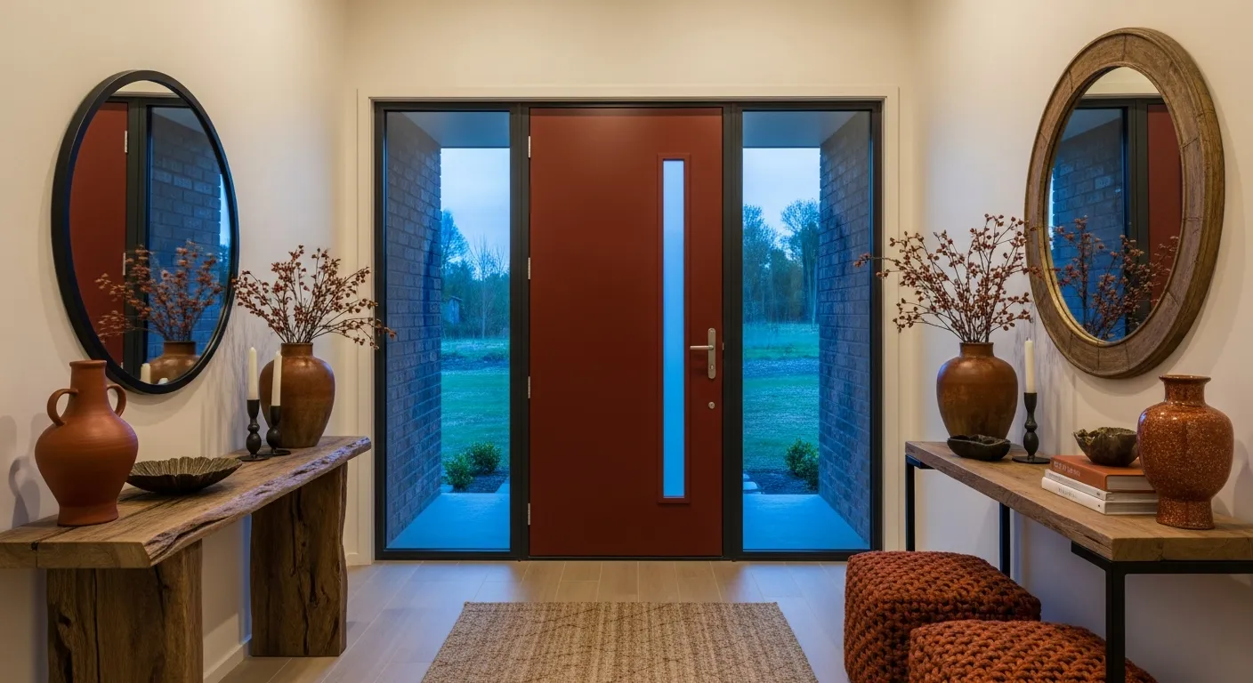 Rust, cream, and charcoal color palette inspiring modern entryway ideas for contemporary homes.