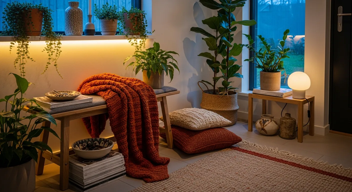 Styling tips for modern entryway ideas highlighting a rust accent wall and sleek minimalist decor.