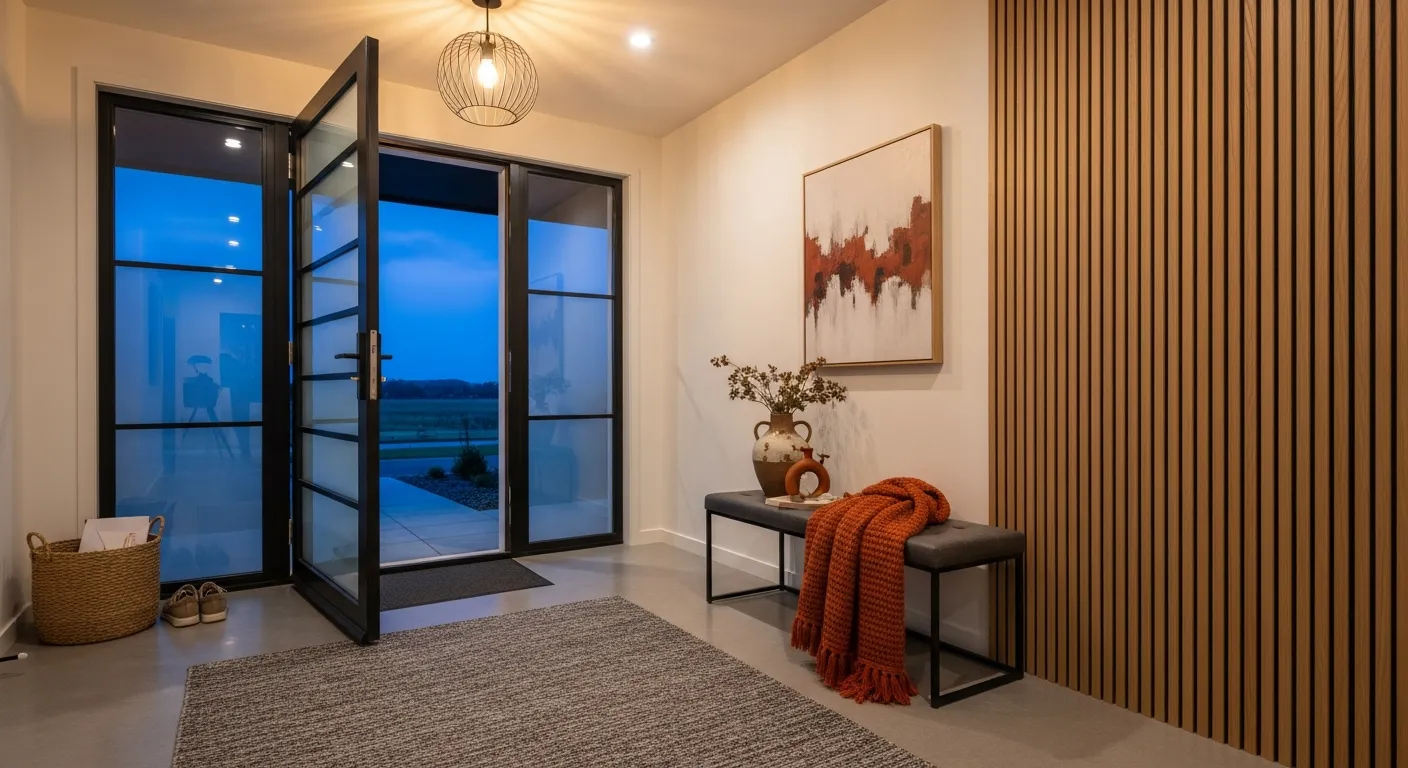 Warm rust decorative objects softening the clean lines in a beautiful modern entryway.