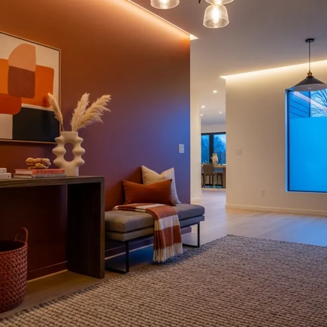 Modern stylish entryway featuring a sleek console table with warm rust colored accents.