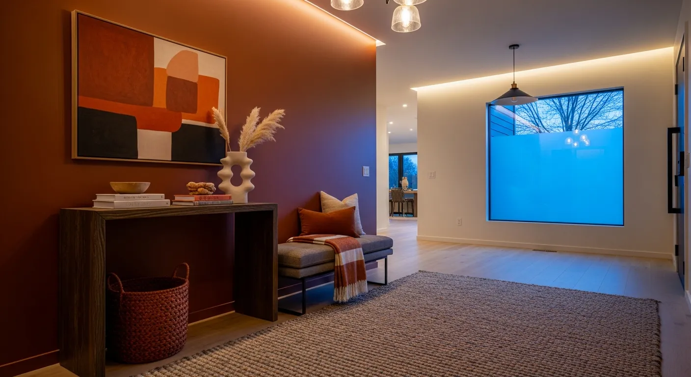 Modern entryway ideas featuring warm rust tones, a sleek black console table, and welcoming entryway lighting.