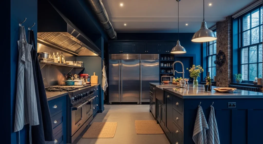Navy blue cabinets in a modern industrial kitchen with exposed brick and metal fixtures.