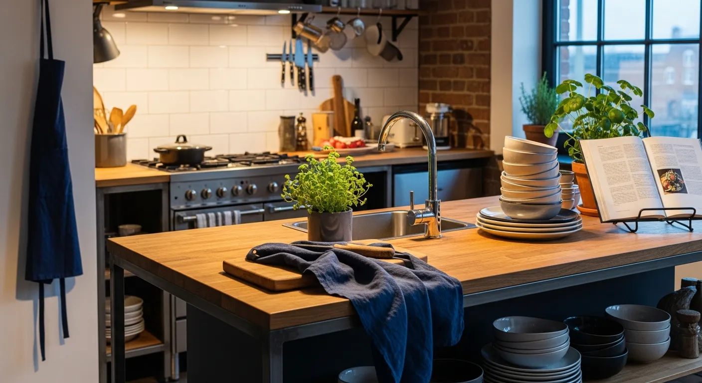 Navy blue cabinets in a modern industrial kitchen featuring exposed brick, dark metal fixtures, and wood accents
