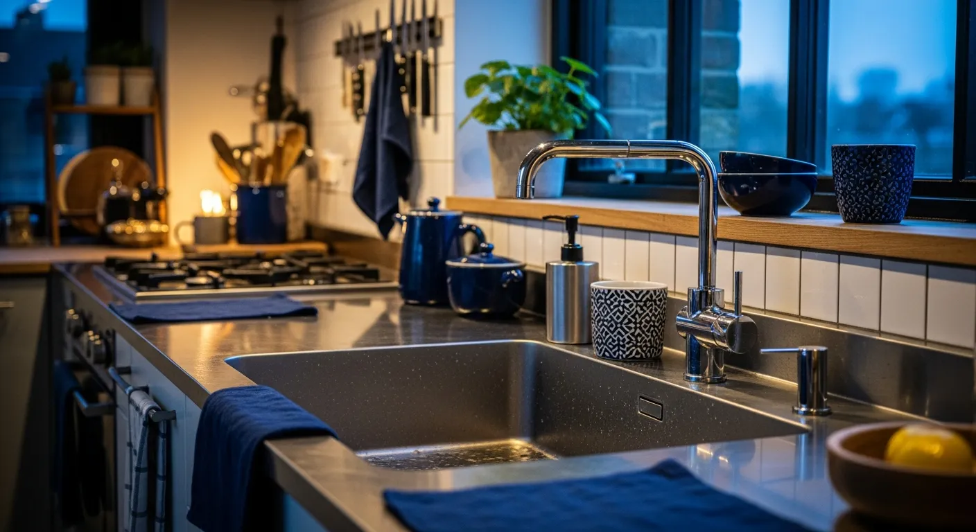 Dark navy blue lower cabinets in a modern industrial kitchen with exposed metal pipes and concrete textures