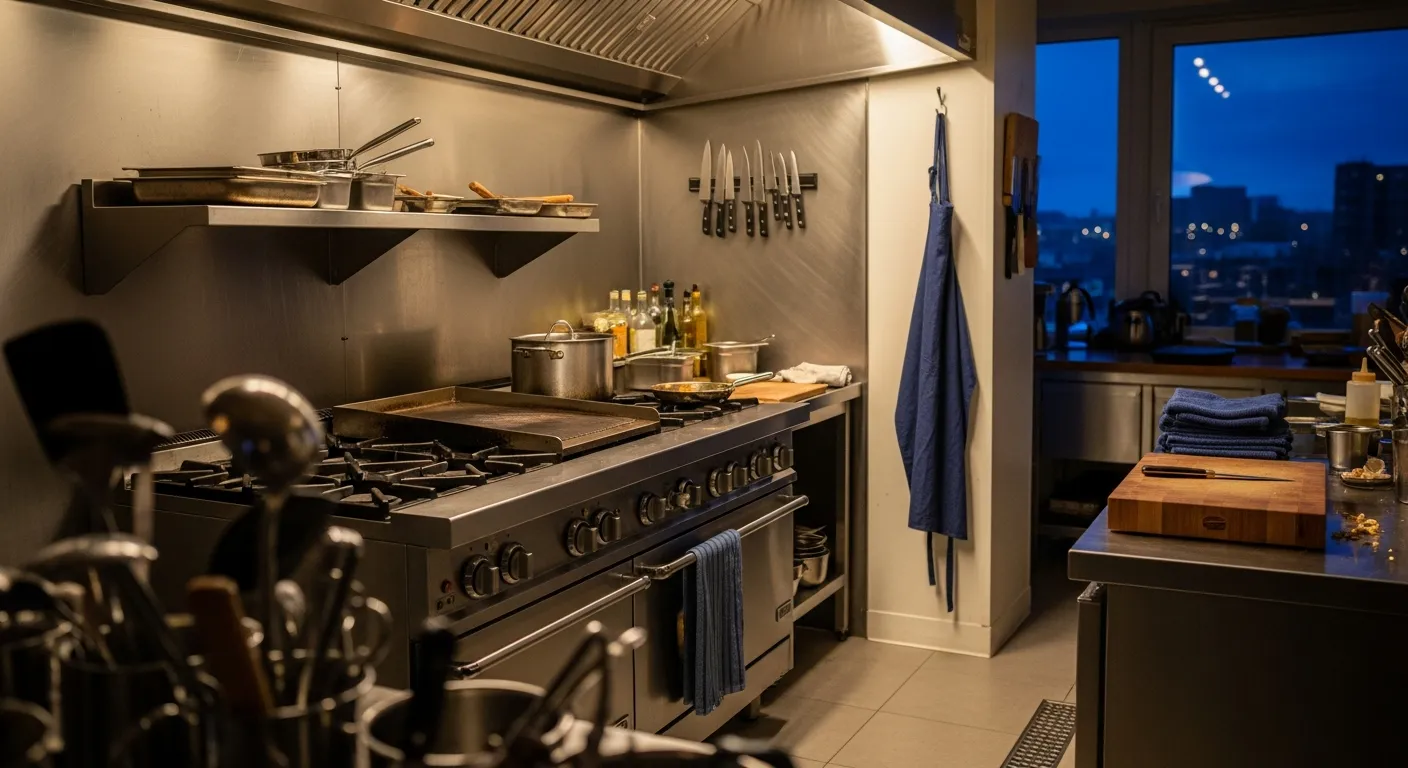 Modern industrial loft kitchen featuring deep navy blue cabinets, exposed metal open shelves, and wire pendant lighting