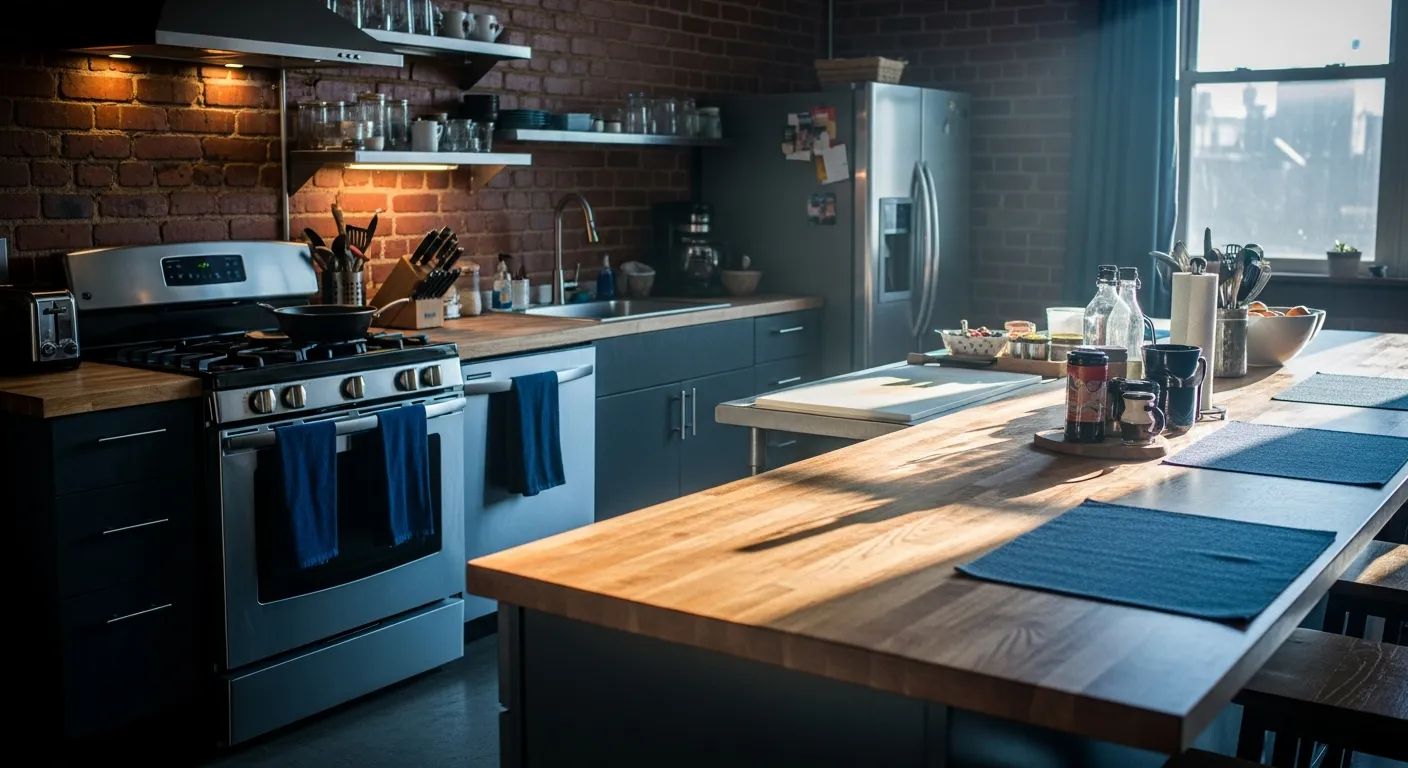 Navy blue industrial kitchen featuring dark metal sink fixtures, rustic wood shelving, and sleek modern cabinetry
