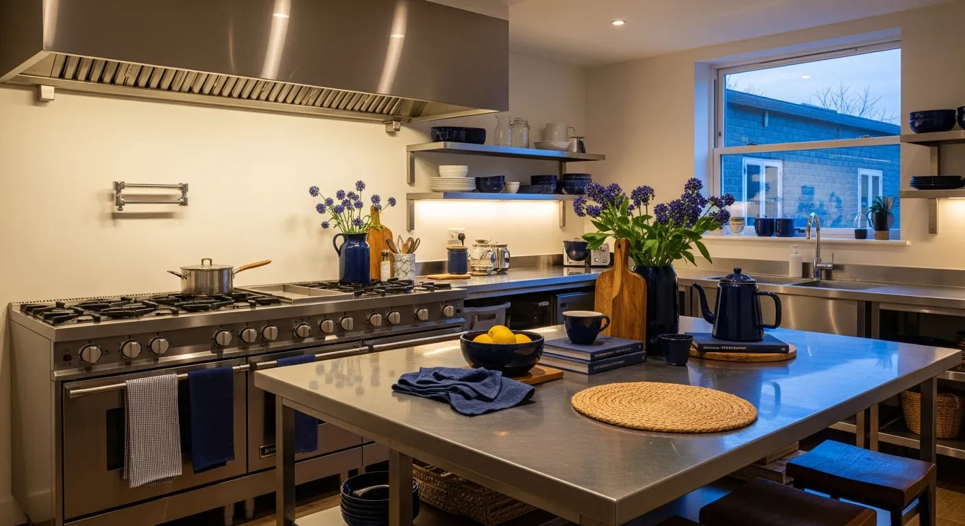 Rich navy blue industrial kitchen cabinets paired with warm wood details and dark metal barstools