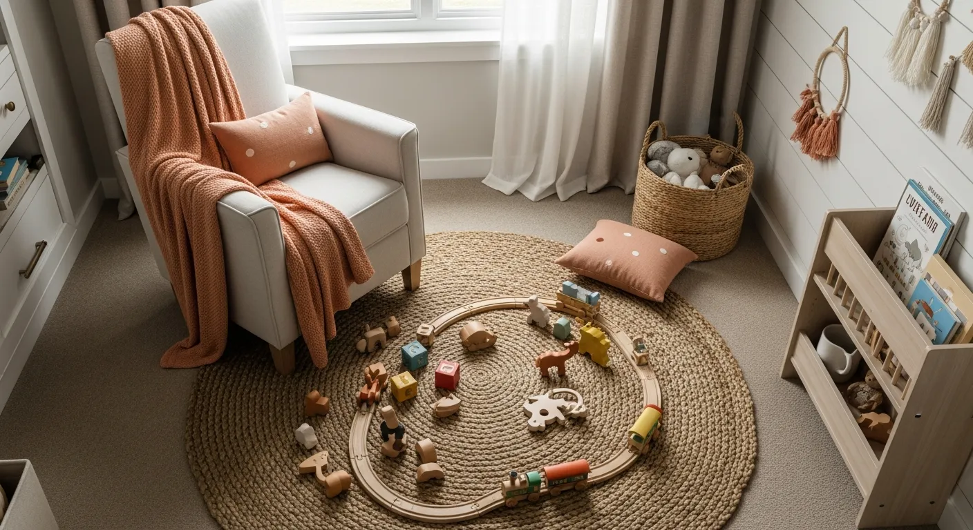 Neutral textiles and rustic wood furniture in a beautifully styled peach farmhouse nursery