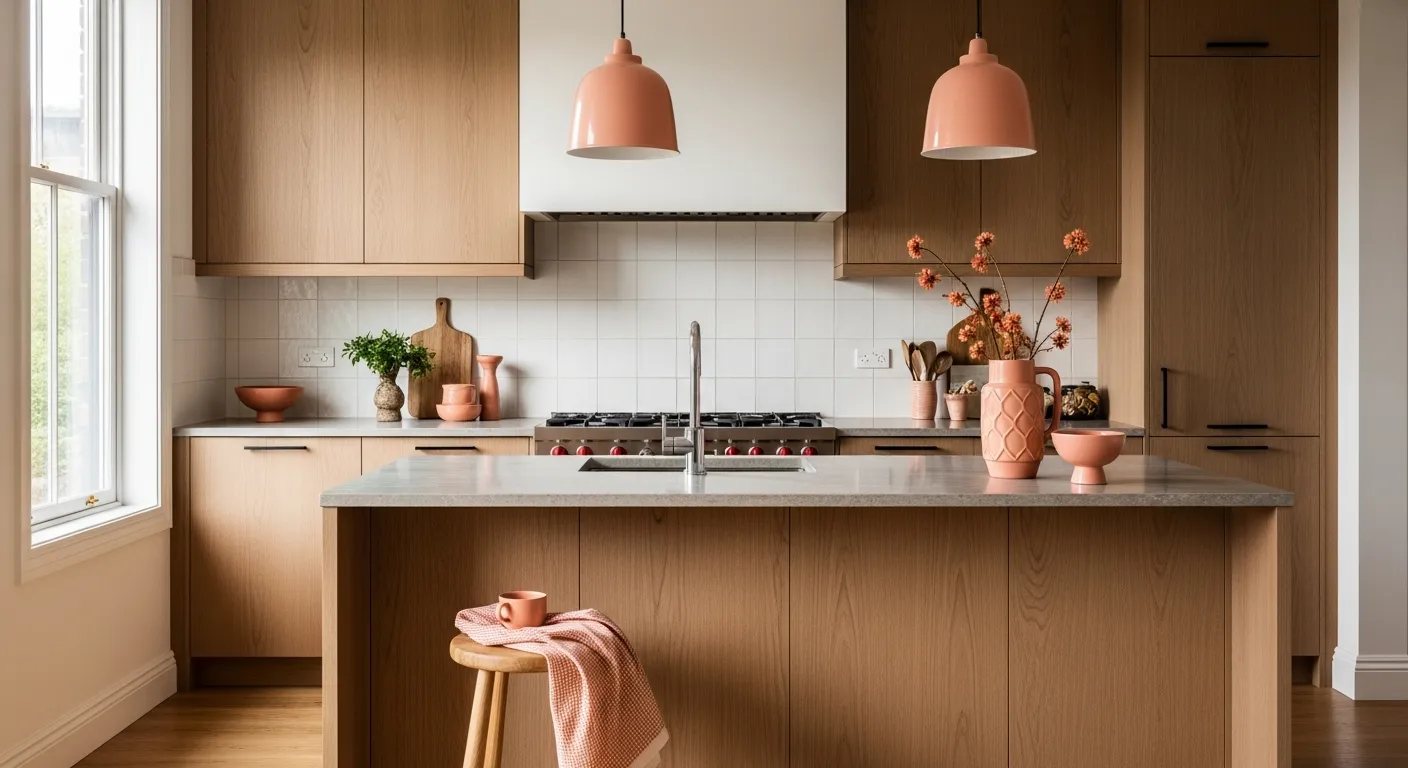 Warm and inviting soft peach cabinetry in a serene minimalist Japandi kitchen.