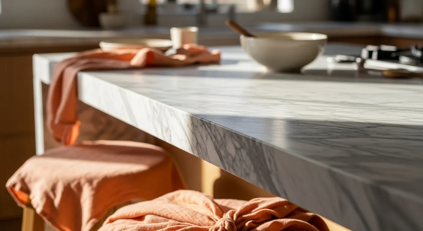 Clutter-free culinary sanctuary with warm peach cabinetry and natural wood shelves.